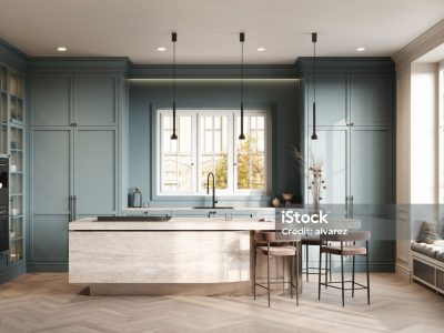 3D rendering of modern kitchen island with high chairs. Computer generated image of a simple kitchen design with gray wall.
