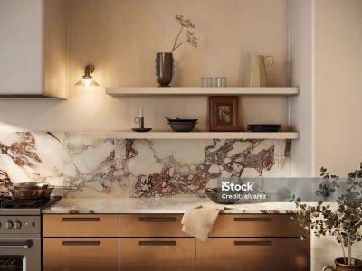 Computer image of a simple kitchen interior design with counter and cabinets. 3D rendering of a kitchen interior design with marble stone wall.