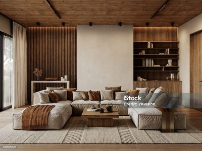 Contemporary loft interior with sofa with pillows carpet, wood wall panels and ceiling, coffee table and decor. 3d render illustration mockup.